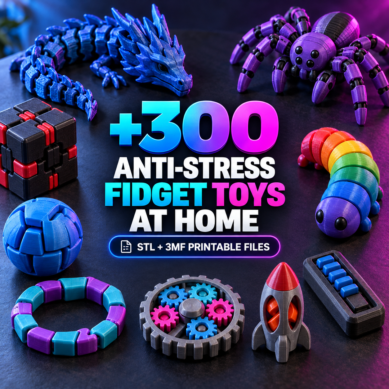 Collection of colorful anti-stress fidget toys included in the vault